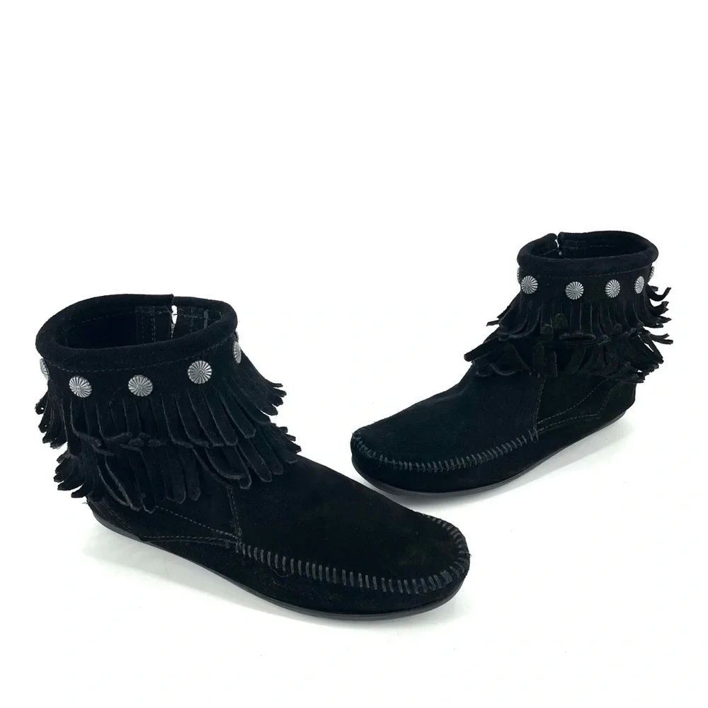 Minnetonka Black Suede Double Fringe Side Zip Ankle Bootie